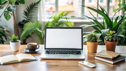 Modern workplace with laptop, small plants, cup of tea and books on the brown table.